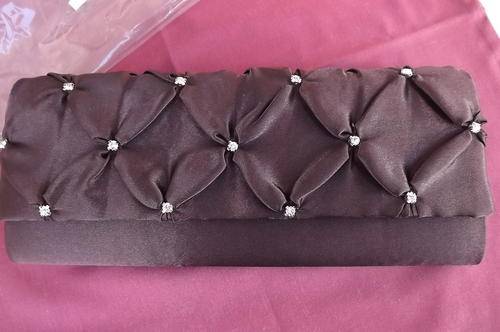 Chocolate Brown Satin Evening Clutch Bag decorated with simulated diamonds-long chain sling-12x28cm