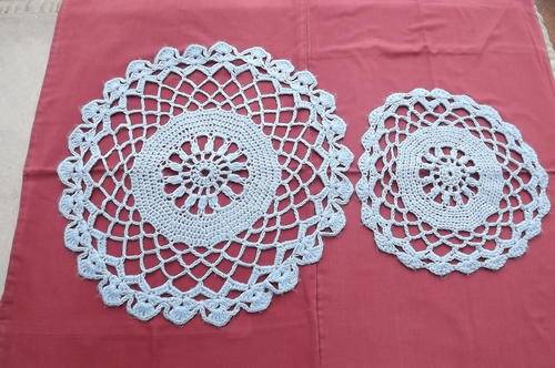 Set of Two Baby Blue Wool Crocheted Doilies - 29 cm and 43 cm Diameter.Good condition