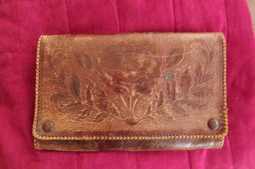 Light Brown Clutch Bag with Embossed Initials SB and Flower - unique - made in England - used cond