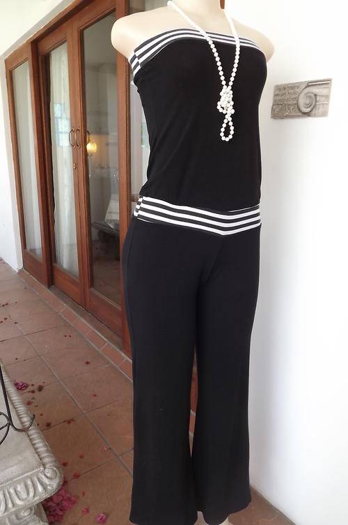 Sexy Black Jumpsuit with Horizontal Black & White Striped Elasticated Waistband & Top in size 8/32