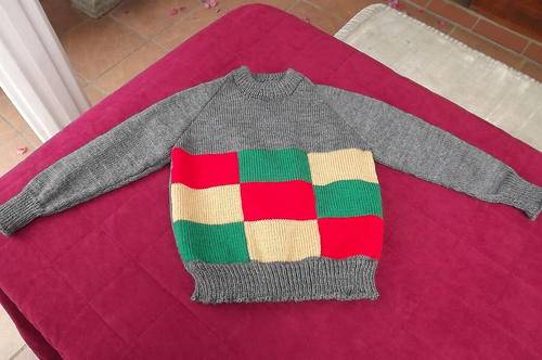 Grey Boy's Jersey with Blocked Colours - Home Knitted Jersey for 4-5 yr old - new