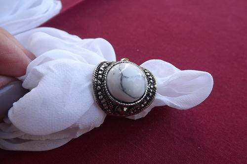 Bulky Costume Jewelery Ring with White Stone - Setting resembles Marcasite - size 8 - as new