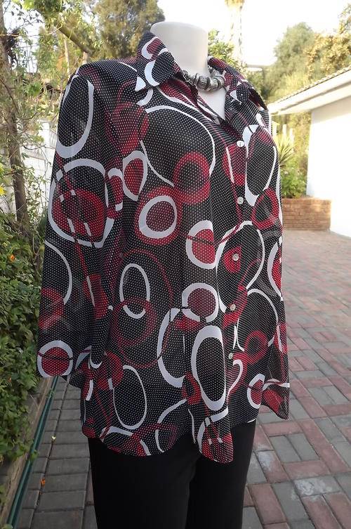 Stunning Soft Sheer Blouse in Black, Red & White Geometric Design on dotted background in size 18/42