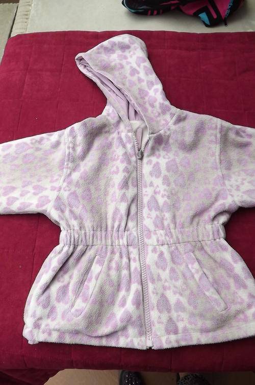 Beige Hooded Fleece Jacket for 4-5yr old girl with purple hearts - zipped front, elasticated middle