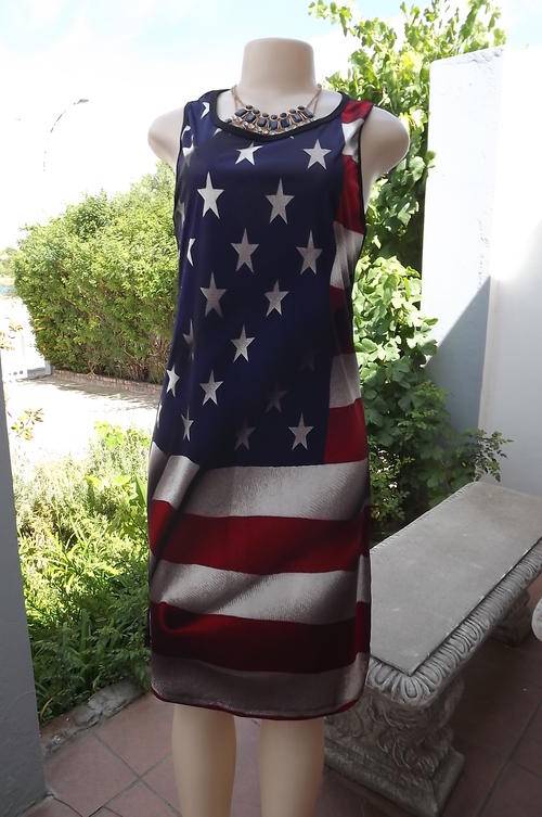Sleek Dress in Firm Polyester with American Flag on front - stars & stripes - size 10/34 - new