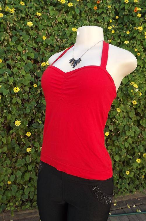 Cherry red 100% stretch cotton halter neck top with build in bra by RT in size 36/12.Gathering on bu