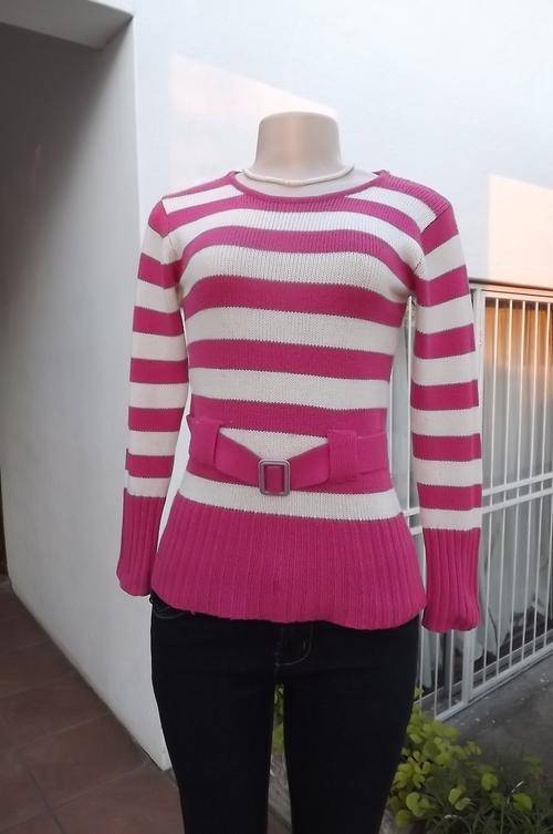 Cherise and white horizontally striped knitted sweater size 30/6.Acrylic knit.Belt on front.Used con