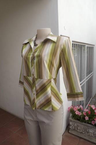 Green and beige stripe button down top with elbow length sleeves.Size 36/12 by Michaela