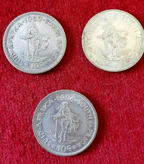 10 CENTS .SOUTH AFRICA . 3 X COINS.1 X "62 , 1 X "63 .1X "64 SILVER 18 gr. EXCEPTIONAL !!