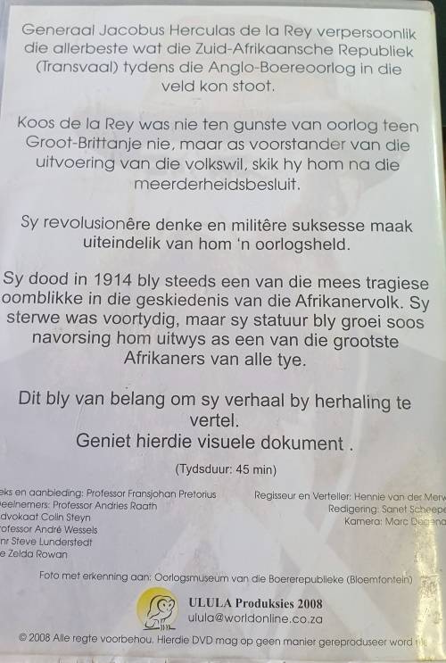 ANGLO BOERE OORLOG .DIE LEEU VAN DIE WES TRANSVAAL. GEN.KOOS DE LA REY. DVD.