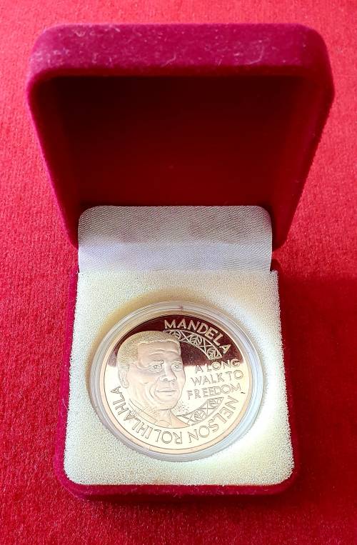 NELSON MANDELA .LONG WALK TO FREEDOM MEDAL . 24CT GOLD CLAD. ENCAPSULATED WITH BOX.