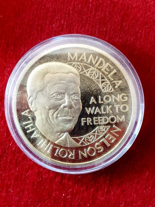 NELSON MANDELA .LONG WALK TO FREEDOM MEDAL . 24CT GOLD CLAD. ENCAPSULATED WITH BOX.