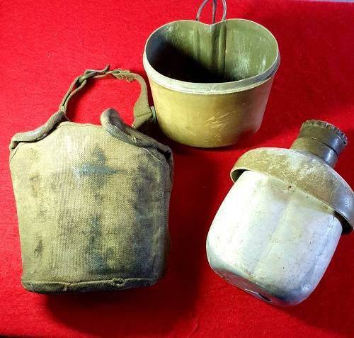 RHODESIAN ARMY / SADF. PATTERN 61/64 WATER BOTTLE, FIRE BUCKET, POUCH . WAR WORN.
