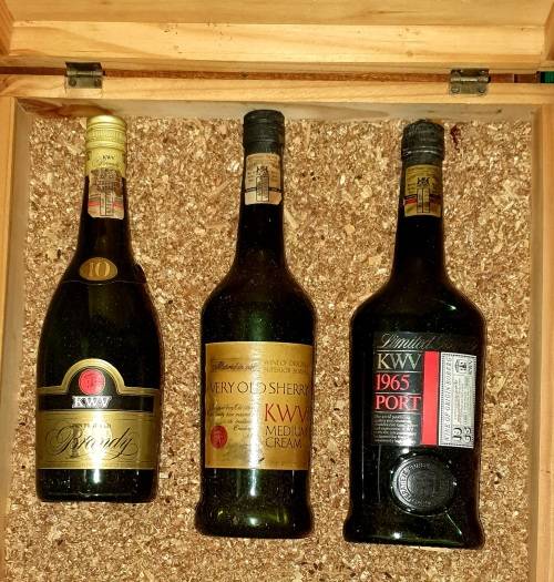 KWV 60 YEARS ANNIVERSARY LIMITED RELEASE. 1978. (1 X1965 PORT, 1 X10YEAR BRANDY,1 XVERY OLD SHERRY )