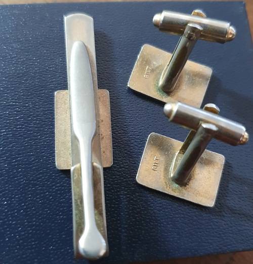 ANTIQUE ENAMEL INLAY CUFFLINKS AND TIE CLIP