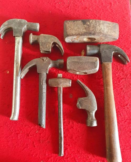 8 X ANTIQUE TO VINTAGE HAMMER COLLECTION. INCL. HUGE FORGING HAMMERS !! ONE BID FOR ALL.