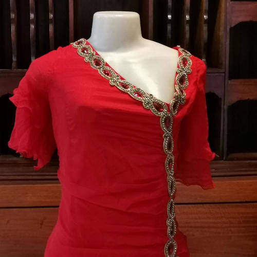 Red evening dress with bead and diamante detail - size 14