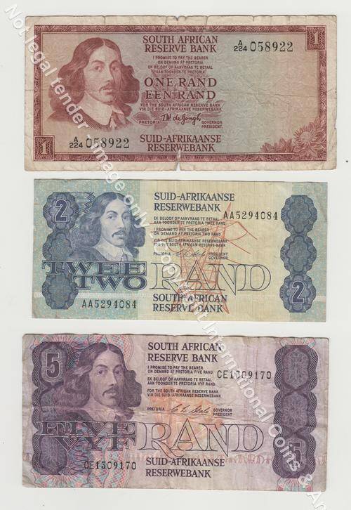 Lot of 3 old South African banknotes - one rand, two rand and five rand - all different governors