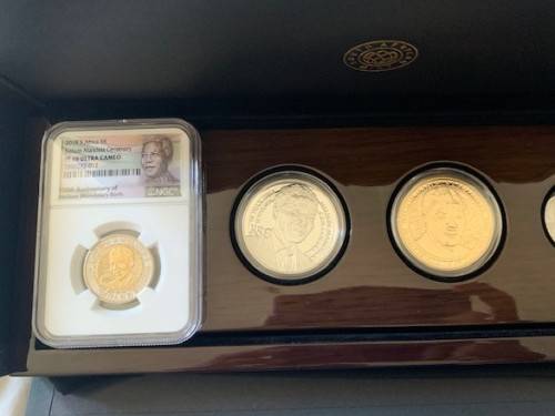 2018 Mandela Centenary 3 coin set with NGC Graded proof R5 PF69 UC, Silver and Bronze R50 with COA