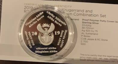 2019 Proof R2 Crown South Africa Invention series Polymer Putty Silver 1oz coin with cert, no box