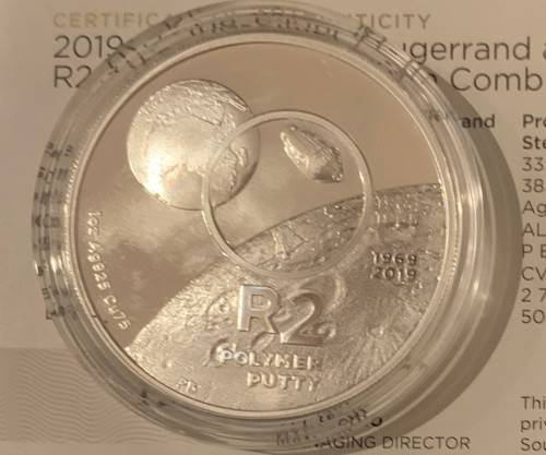 2019 Proof R2 Crown South Africa Invention series Polymer Putty Silver 1oz coin with cert, no box