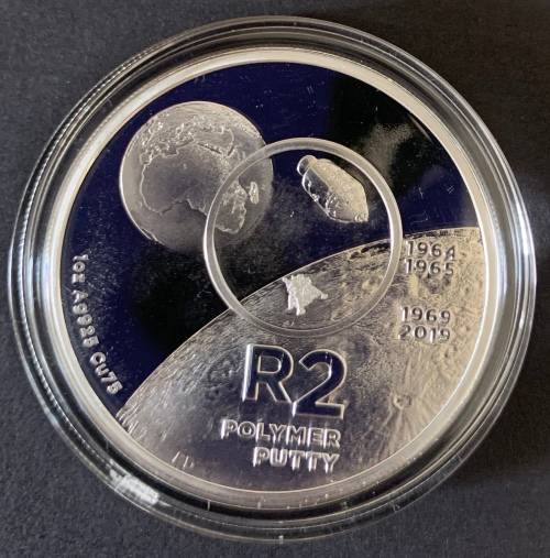 2019 Proof R2 Crown South Africa Invention series Polymer Putty Silver 1oz coin with cert, no box