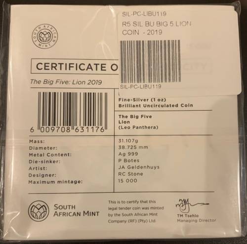 2019 Silver R5 Brilliant Uncirculated 1oz Coin Big 5 Lion South Africa Sold Out at SA Mint