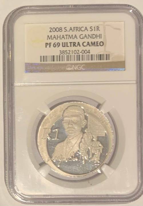 2008 Mahatma Gandhi R1 Silver Protea coin NGC graded PF69 Ultra Cameo
