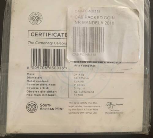 SEALED 2018 NELSON MANDELA - 100 YEAR CENTENARY - R50 1OZ BRONZE ALLOY COIN