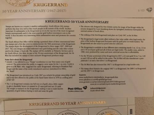 RARE and UNIQUE SA MINT 2017 Mintmarked Krugerrand 50th anniversary 1oz Silver coin PU AND stamp set