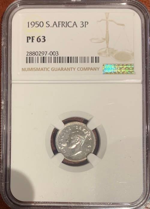 RARE 1950 Proof 3p tickey Union South Africa coin NGC PF63 only 500 minted