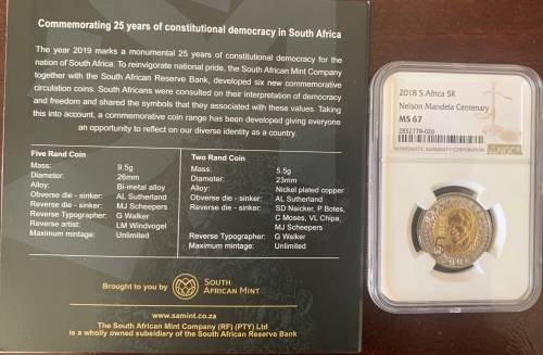 2018 R5 Mandela MS67 NGC Graded Coin +2019 Circulation Coin Set 25 Yrs Democracy R5 And 5 X R2 Coins