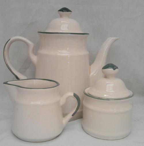 TEASET WITH GREEN TRIMMING (TEAPOT 20cm Milk jug 7.5cm Sugar pot 10.5cm)