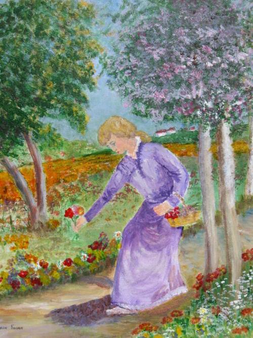 Maiden picking flowers 450x350x37 acrylic painting by Doreen Fourie