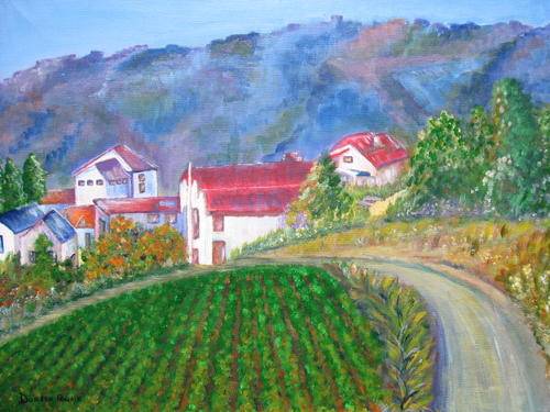 Village between mountain and vineyard 450x350x18 acrylic painting by Doreen Fourie