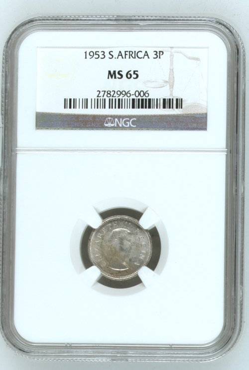 *** 1953 Threepence (3d) *** MS65 *** Union of South Africa *** Queen Elizabeth II ***