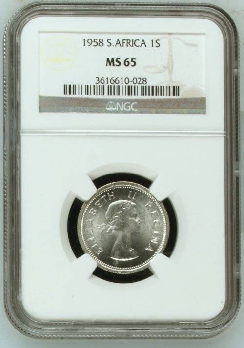 *** 1958 Shilling (1/-) *** MS65 *** Union of South Africa *** Queen Elizabeth II ***