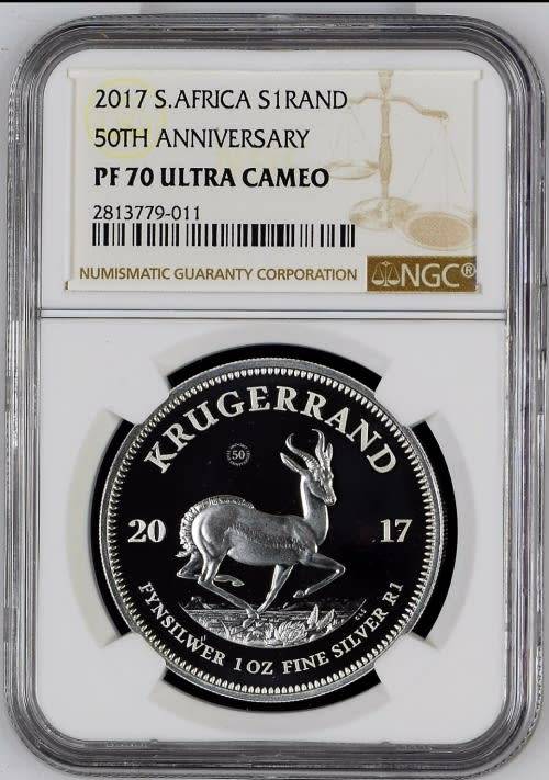 2017 KRUGERRAND SILVER 1oz PF70UC | "50th ANNIVERSARY" PRIVY/MINT MARK | MINTAGE: 15 000
