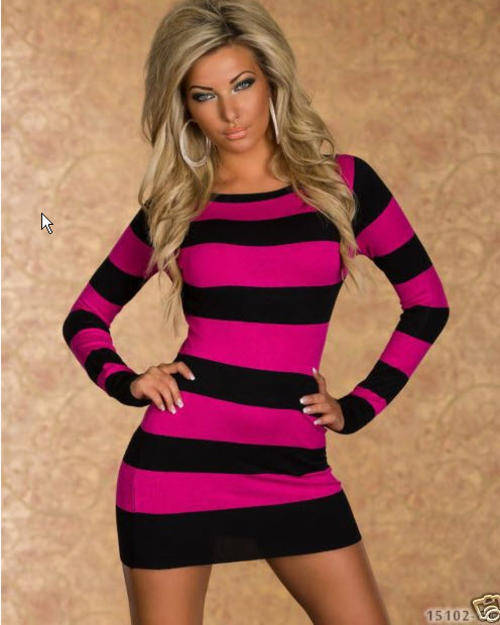 N101 sexy striped long blouse/dress, black & pink,,Free size, ize fit to size s/m, pink/black