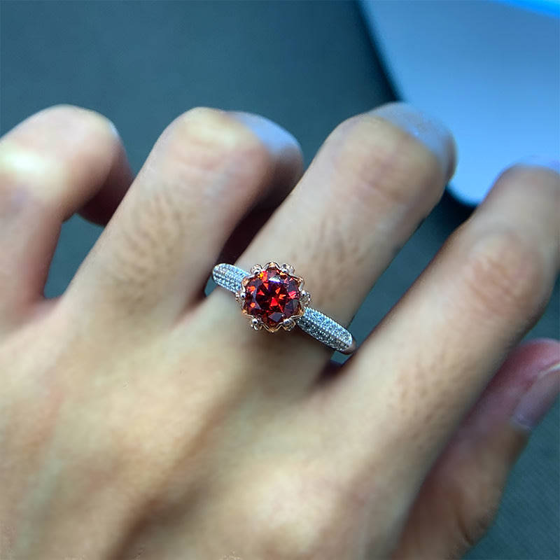 6.5mm Garnet Red VVS1 Moissanite Solitaire Ring | 18K White Gold Over 925 Sterling Silver