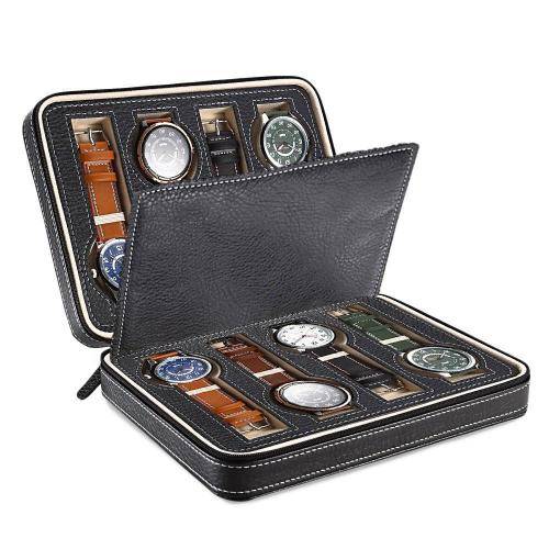 8 Slot Portable Watch Box Travel Case Storage Holder with Zipper Padded Divider -  BLACK COLOR