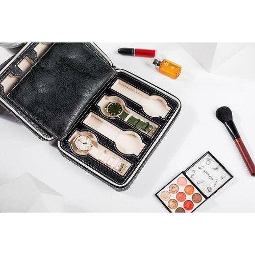 8 Slot Portable Watch Box Travel Case Storage Holder with Zipper Padded Divider -  BLACK COLOR