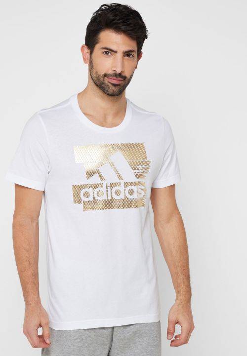Original Men's adidas Must Have Foil T-Shirt White/ Gold CK7606 Size Large