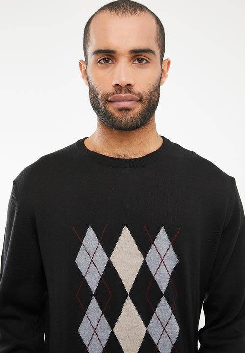 Original Mens PRINGLE Archie Argyle Round Neck knit Black Tailor Fit Size Extra Large