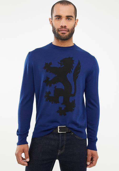 Original Mens PRINGLE Leon Lion Round Neck knit Blue Size Extra Large