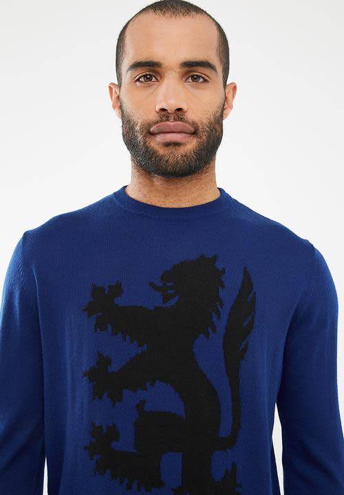 Original Mens PRINGLE Leon Lion Round Neck knit Blue Size Extra Large