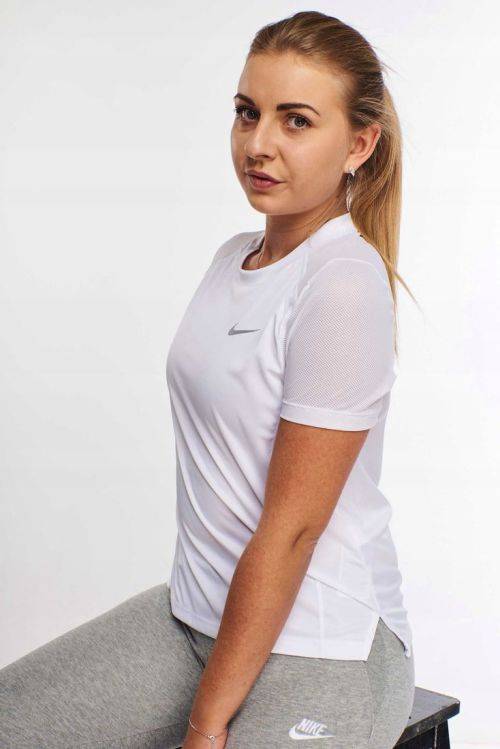 NIKE Women`s Short Sleeve DRI-FIT Miler Crew Running Top White AT4196 100 Size Medium