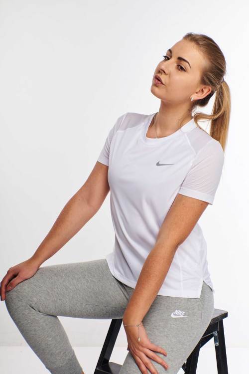 NIKE Women`s Short Sleeve DRI-FIT Miler Crew Running Top White AT4196 100 Size Medium