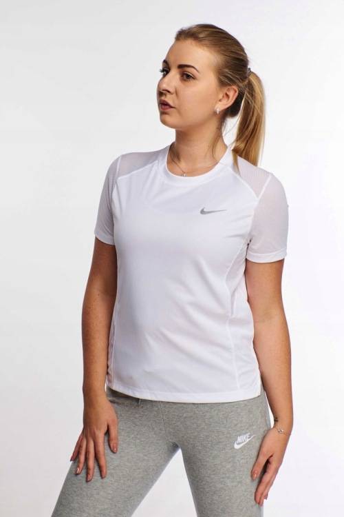 NIKE Women`s Short Sleeve DRI-FIT Miler Crew Running Top White AT4196 100 Size Medium