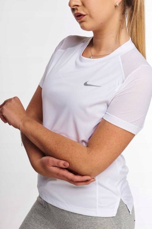 NIKE Women`s Short Sleeve DRI-FIT Miler Crew Running Top White AT4196 100 Size Medium